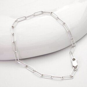 Real Solid 925 Sterling Silver Paperclip Bracelet, Round Link Chain, Stamped 925